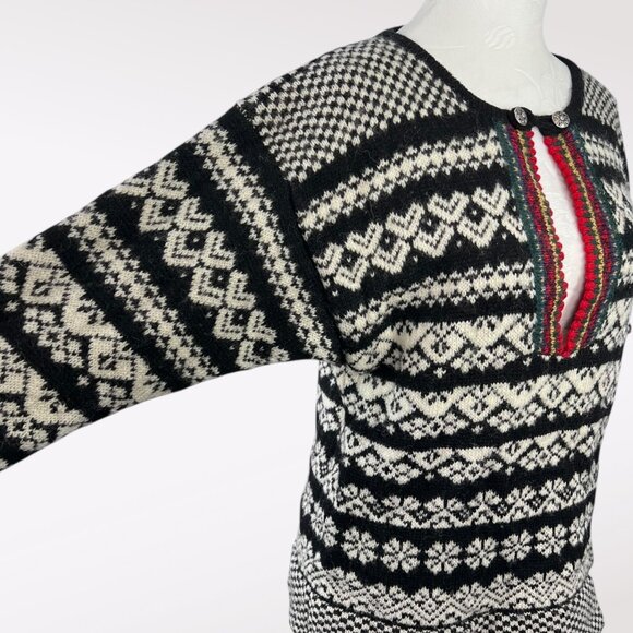 Vintage 80s Susan Bristol Shetland Wool Nordic Sweater Black White Small - Picture 7 of 10